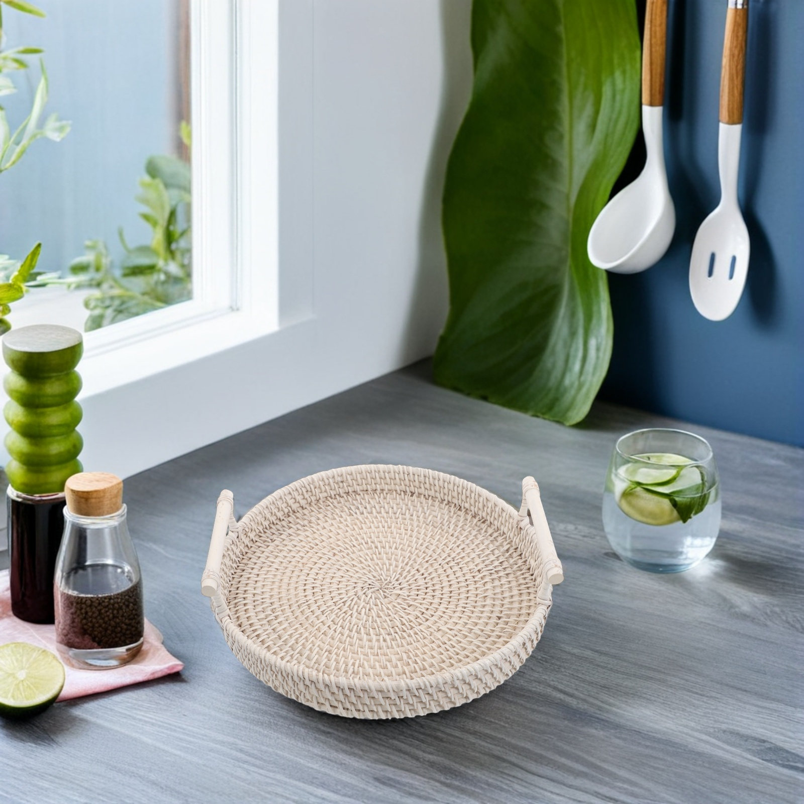 Rattan Tray Handle - Vassoio da portata rotondo in rattan